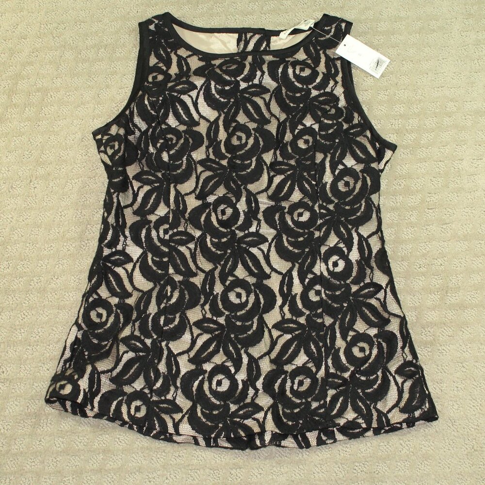 NEW Banana Republic Womens Sz 0 Black Floral Lace Back Button Sleeveless Blouse